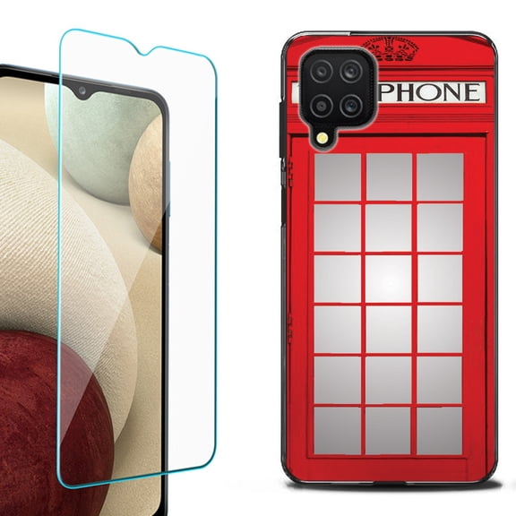 Slim-Fit Flexible TPU Gel Phone Case (black) for Samsung Galaxy A12, with Tempered Glass Screen Protector, by OneToughShield ® - Phone Booth Red