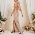 thumbnail image 5 of Sequin Halter Dress, Sleeveless Bodycon Gown with High Slit and Bow Detail, Glamorous New Year's Eve Dress for Club, Prom, and Gala Events Champagne S, 5 of 5