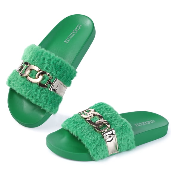 EastVita Womens Furry Slippers Open Toe House Casual Flat Slides Sandals Indoor Outdoor