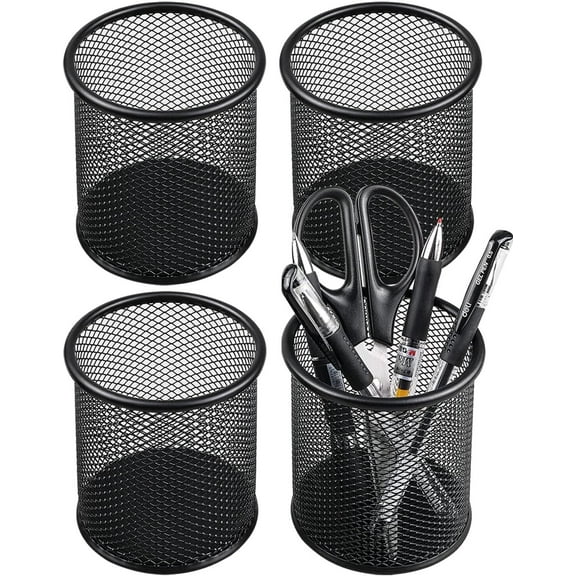 LQQBOX 4 Packs Wire Mesh Pencil Holder Metal Pen Cup Desk Pen Organizer Case Pencil Jar Black for Office Home (Black)