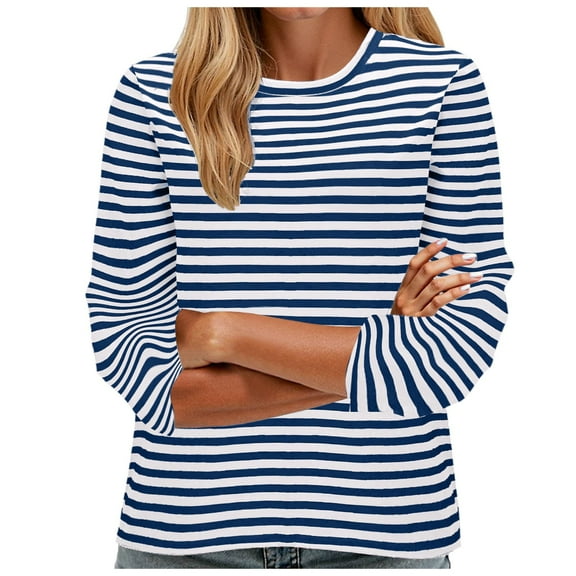 Ymyiu Workout Long Sleeve Tops for Women Women's Casual Striped Long Sleeve Tops Crew Neck Knit Basic T Shirts (Blue,M)