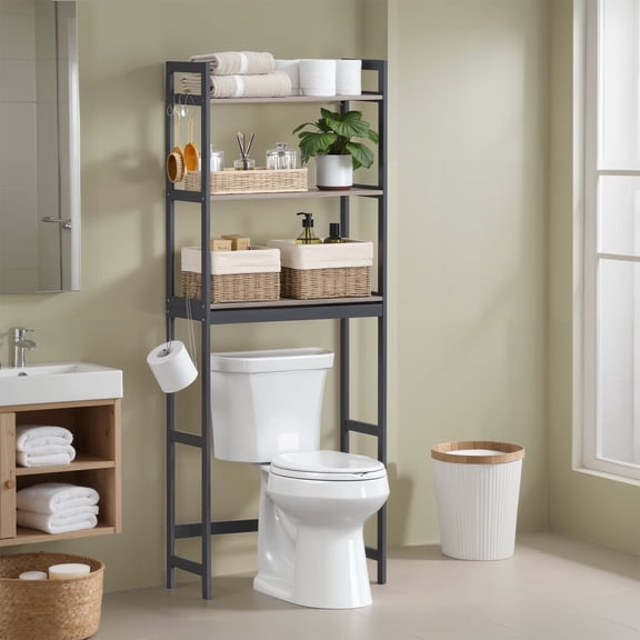 LEDREM 3-Tier Over-The-Toilet Storage Organizer with Adjustable Shelves & Hooks, Bamboo Bathroom Shelving Unit, Heather Greige and Ink Black