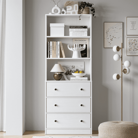 RichYa 71'' Tall Bookcase with 3 Drawers,3 Tier Display Bookshelves for Home Office,Living Room,White