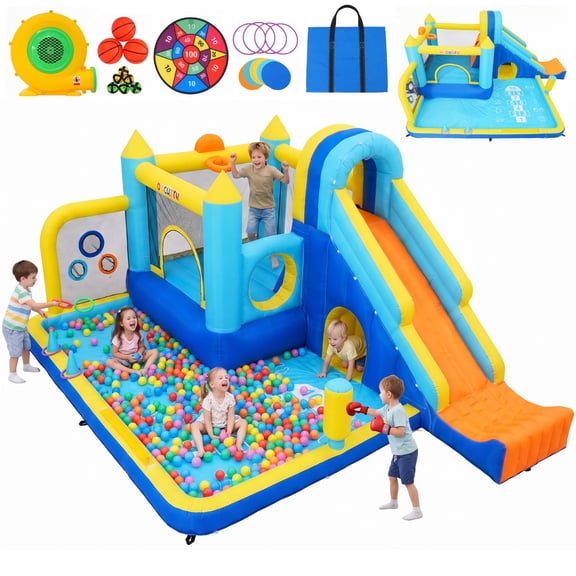 Veeboto Water Slide with 480W Blower, 12-in-1 Bounce House featuring Bounce Area, Slide, Pool, Basketball Hoop, Punching Pads, Ball Net, Inflatable Castle for Indoor&Outdoor