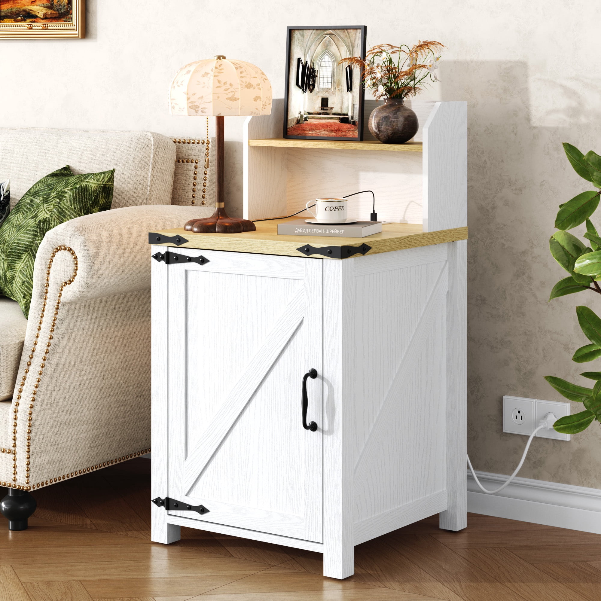 Holaki 18" Nightstand with Charging Station, End Table with LED Lights Strips, Rustic Wood Bedside Table with Adjustable Storage Shelf & Barn Door, Versatile Nightstand for Bedroom Living Room, White