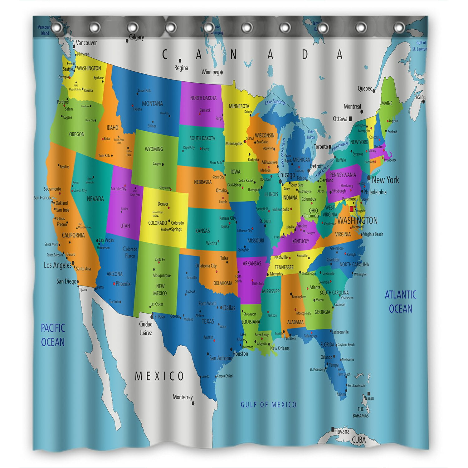 PHFZK Educational Shower Curtain, Colorful United States of America Political Map Polyester
