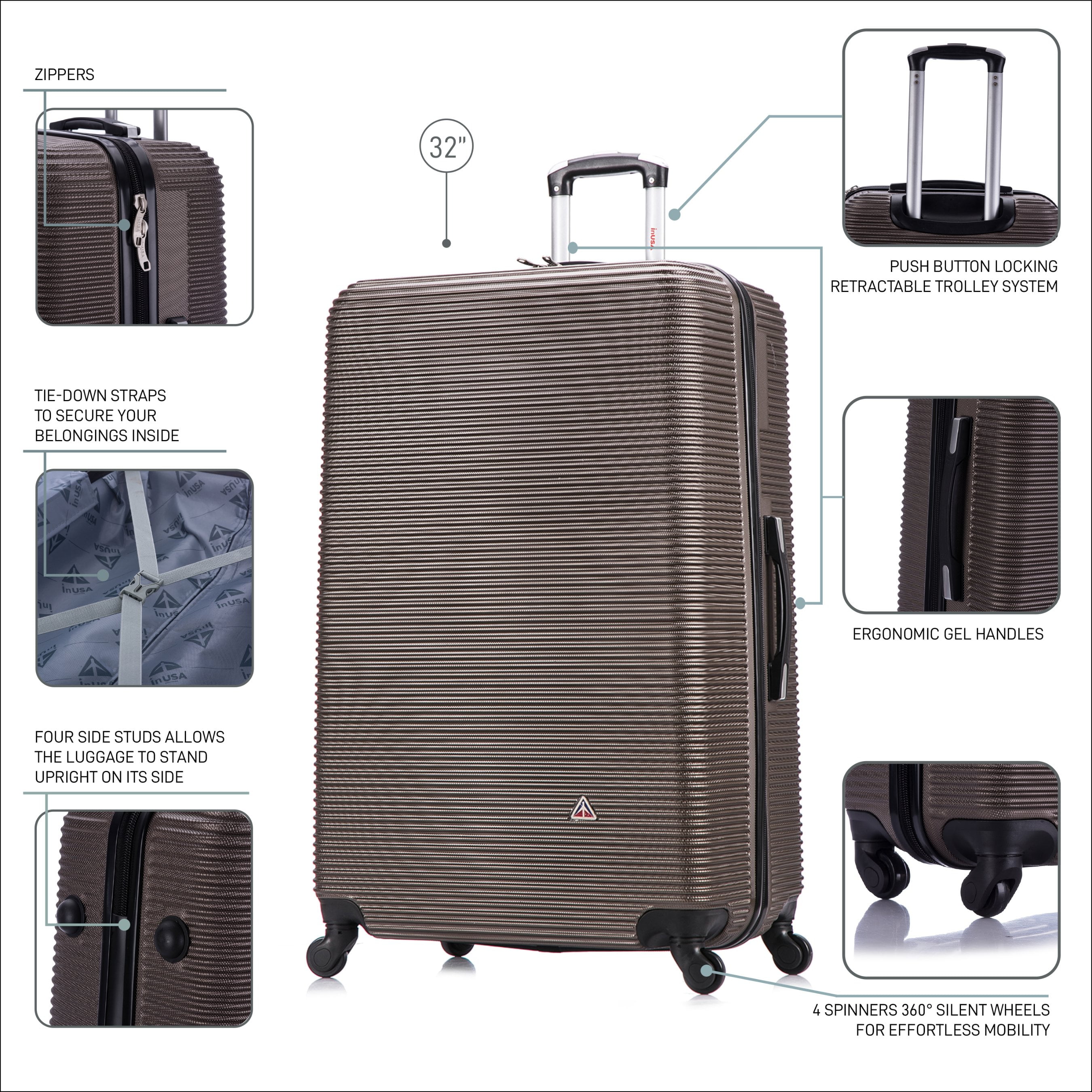 InUSA Royal 32" Hardside Lightweight Luggage with Spinner Wheels, Handle, and Trolley, Brown