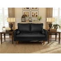 Koby Home's X Collection Stanley Modern Button-tufted Loveseat, Upholstered in Faux Leather with Track Arms, Cushion Back, and Wooden Legs, 2-Seater for Small Space, Metallic Black Color