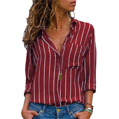 Beautife Womens V Neck Striped Button Down Collared Roll up Sleeve Casual Tunic Shirt Blouse Tops