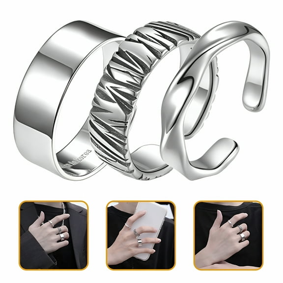 DESIGNICE 3pcs Men Rings Men Band Rings Cool Statement Finger Ring Open Adjustable Ring
