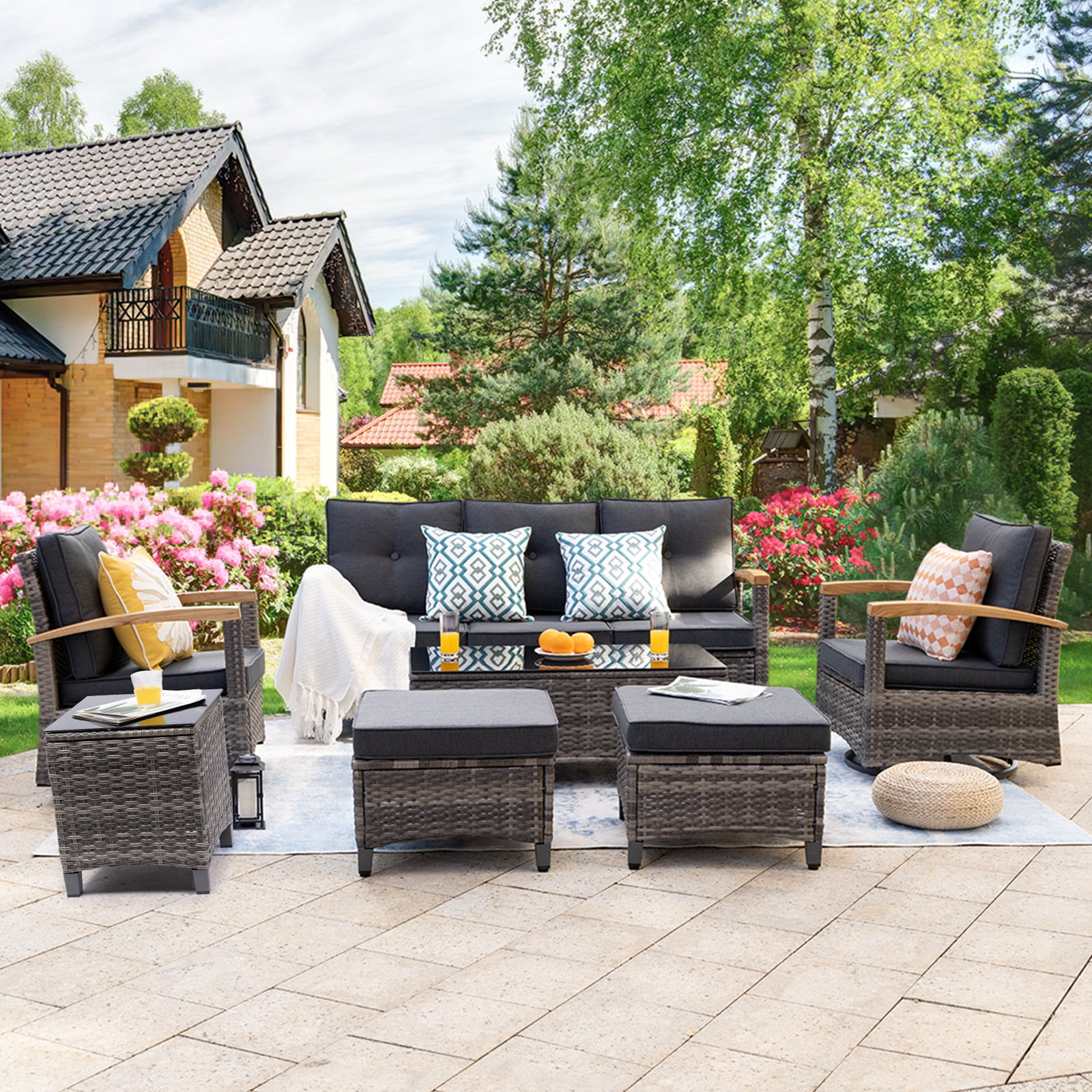 MEISSALIVVE 7-Piece Patio Furniture Set, Outdoor Rattan Conversation Set with 2 Swivel Rocker Chairs, 3-Seat Sofa, 2 Ottomans & Coffee Table, Gray