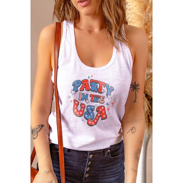 ABPHQTO Camiseta de tirantes con espalda cruzada para mujer con estampado de bandera de fiesta blanca en los EE. UU.