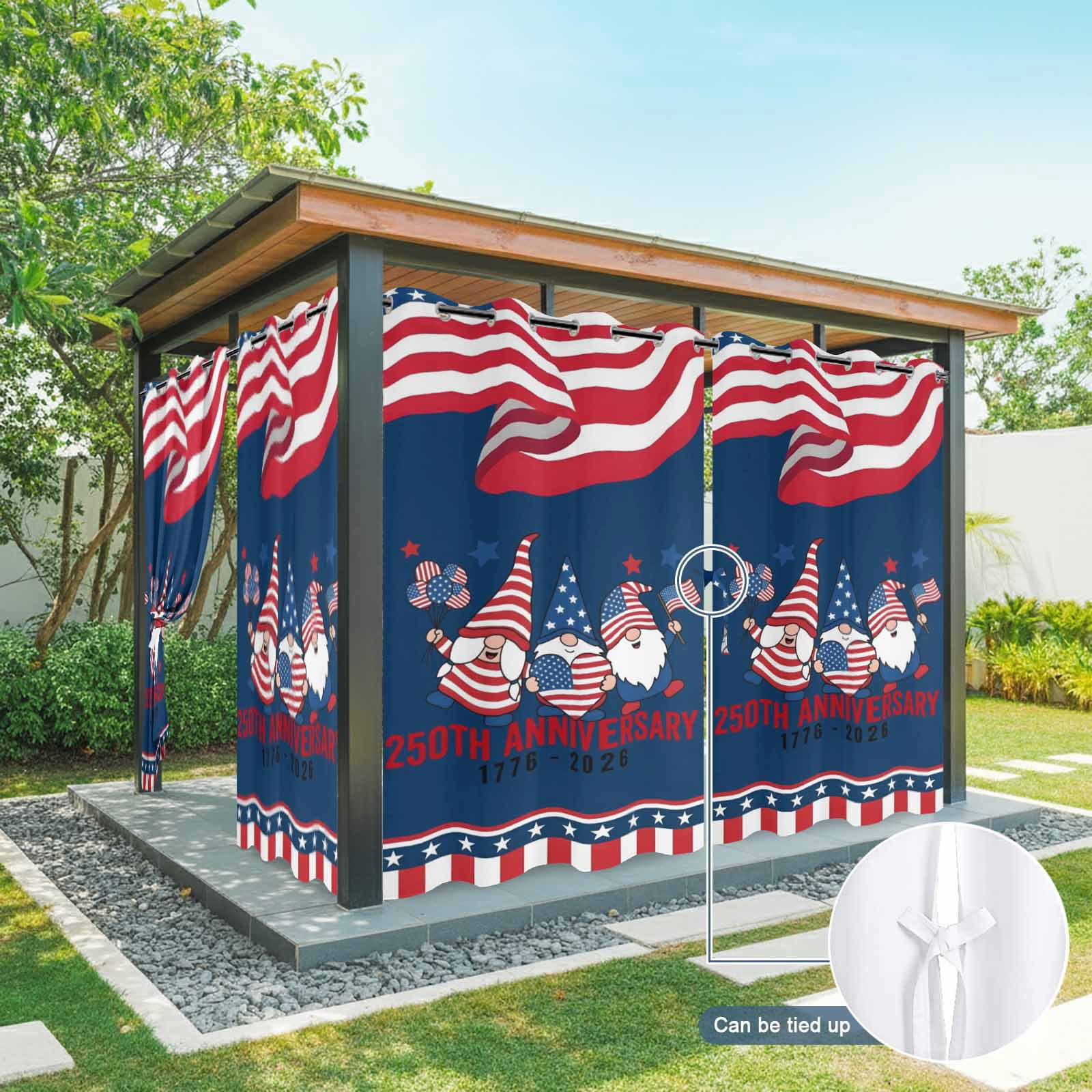 Anniversary Outdoor Curtains for Patio, Patriotic Gnome USA Flag Independence Day Sunshade Privacy Drapes Grommet Waterproof Outside Curtains for Porch/Cabana/Balcony 54"x 95", 2 Panel