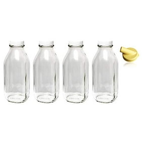The Dairy Shoppe Heavy Glass Milk Bottles 33.8 Oz (1 Qt) Jugs with Extra Lids & NEW Pour Spout! (4, 33.8 oz)