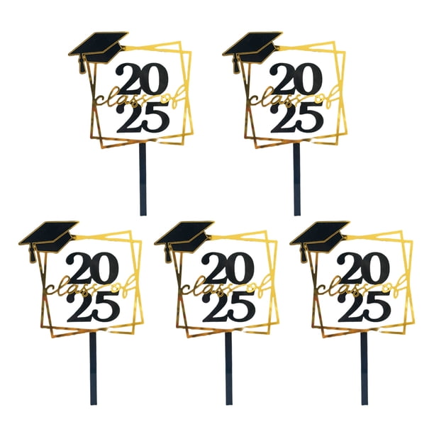 5 Piece Set of Black and Gold Glitter 2025 Graduation Hat Paper Cupcake Decorations for The Class of 2025 Graduation Hat Acrylic Cake Card Selection for The Class of 2025 Graduatio