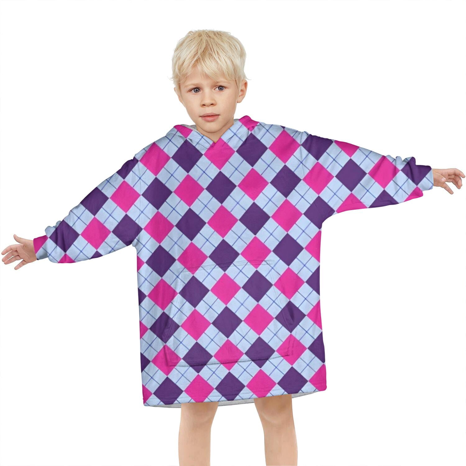 Pink Purple Checkered Pattern Blanket Hoodies for Kids 6-13YR Oversize Wearable Blanket Hoodies for Boys Girls Teens