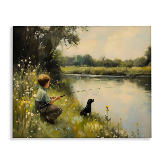 Boy & Puppy Fishing Canvas Wall Art, design by Arlington Prints