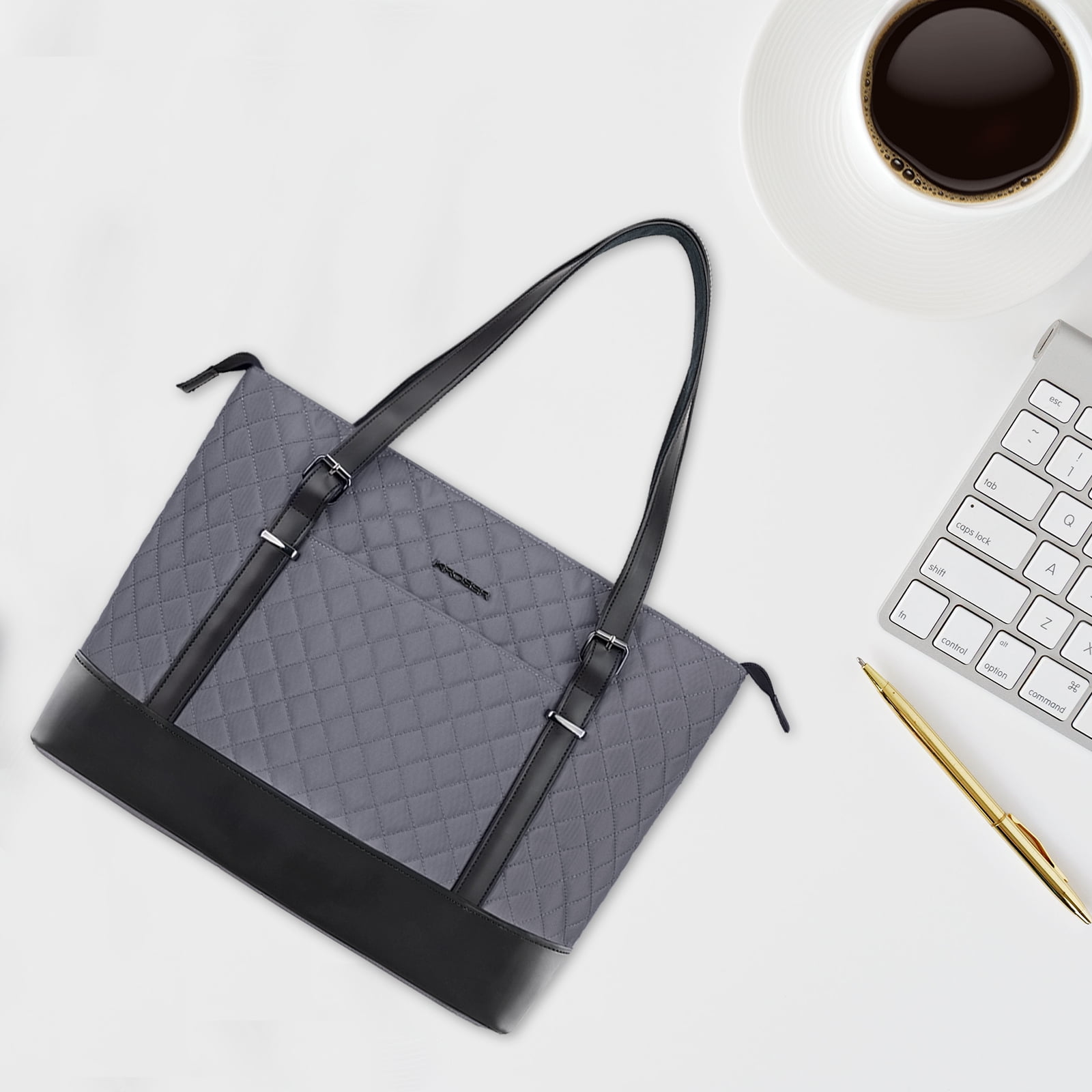 KROSER 15.6-Inch Laptop Tote Bag Polyester Quilt Gray