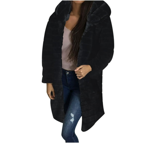 NARABB Women Warm Faux Coat Solid Color Furry Faux Jacket Long Sleeve Hood Outerwear Overcoat
