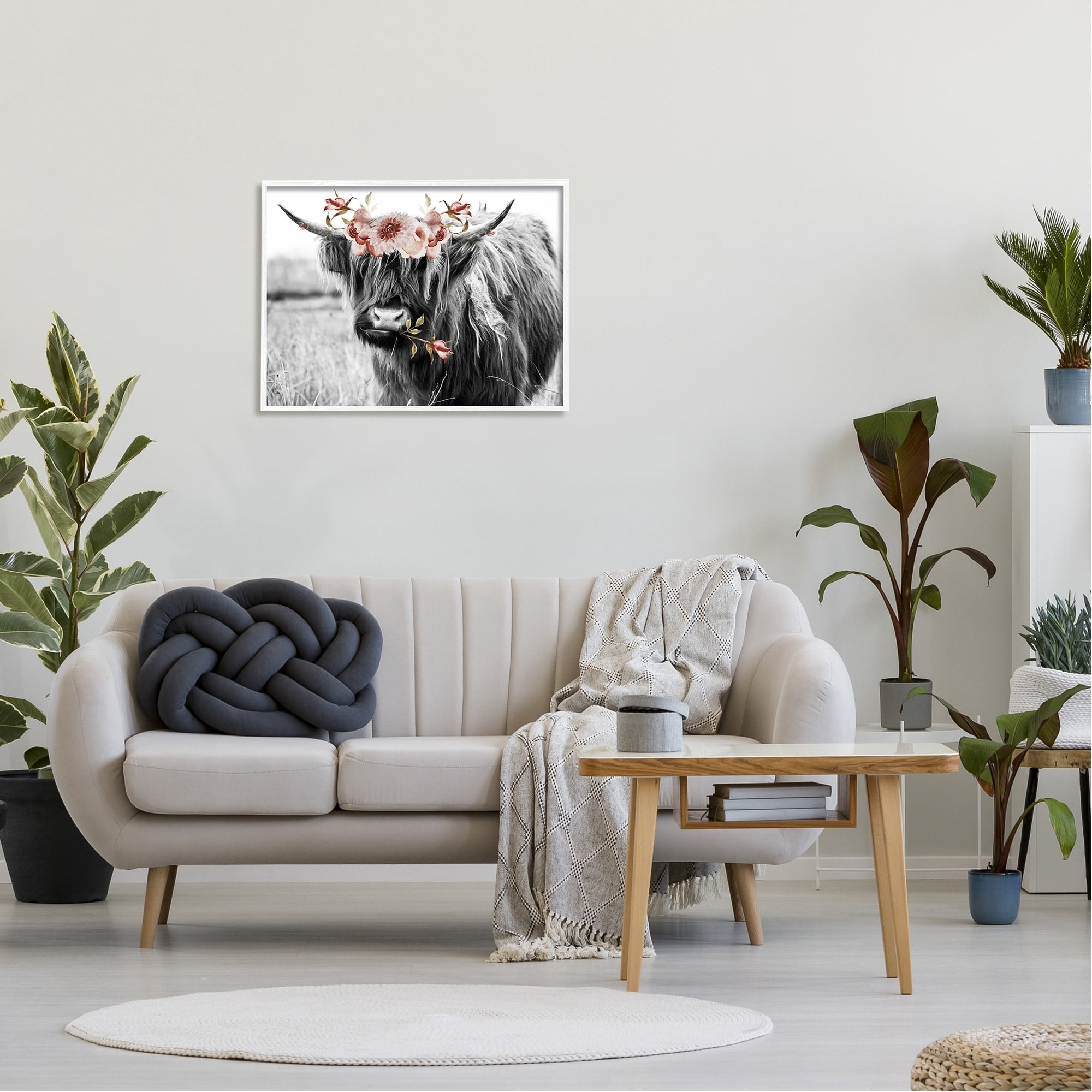 Stupell Industries Layered Floral Design Longhorn Cattle Monochrome Framed Wall Art, 30 x 24, Design by Amy Brinkman