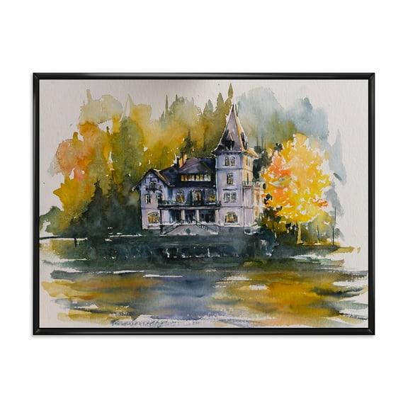 Designart 'Castle With Autumn Trees By The Lake' Lake House Framed Canvas Wall Art Print