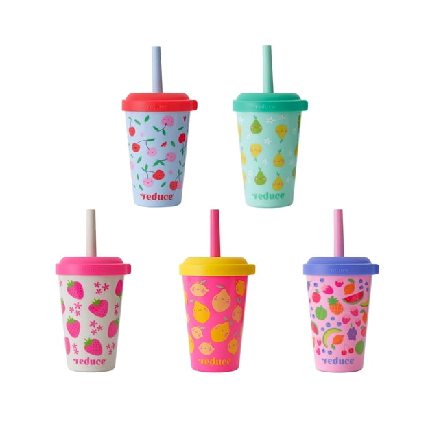 REDUCE los vasos portátiles GoGo's Kids con tapas y pajitas a prueba de derrames - Paquete de 5 vasos apilables de 12 oz con tapas giratorias - Fácil almacenamiento, apto para lavavajillas - Fruity Cu