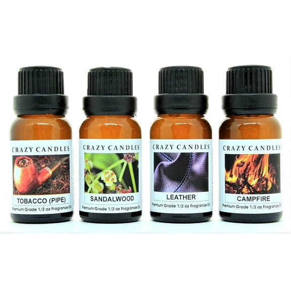 Crazy Candles 4 Bottles Set, 1 Sandalwood, 1 Campfire, 1 Tobacco, 1 Leather 1/2 fl oz Each (15ml) Premium Grade Scented Fragrance Oils