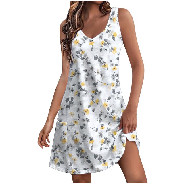Vestido de Verano para las Mujeres Impresión de la Moda Bolsillo sin Mangas Cuello en V, Vestido Casual para la Playa Y el Uso Diario