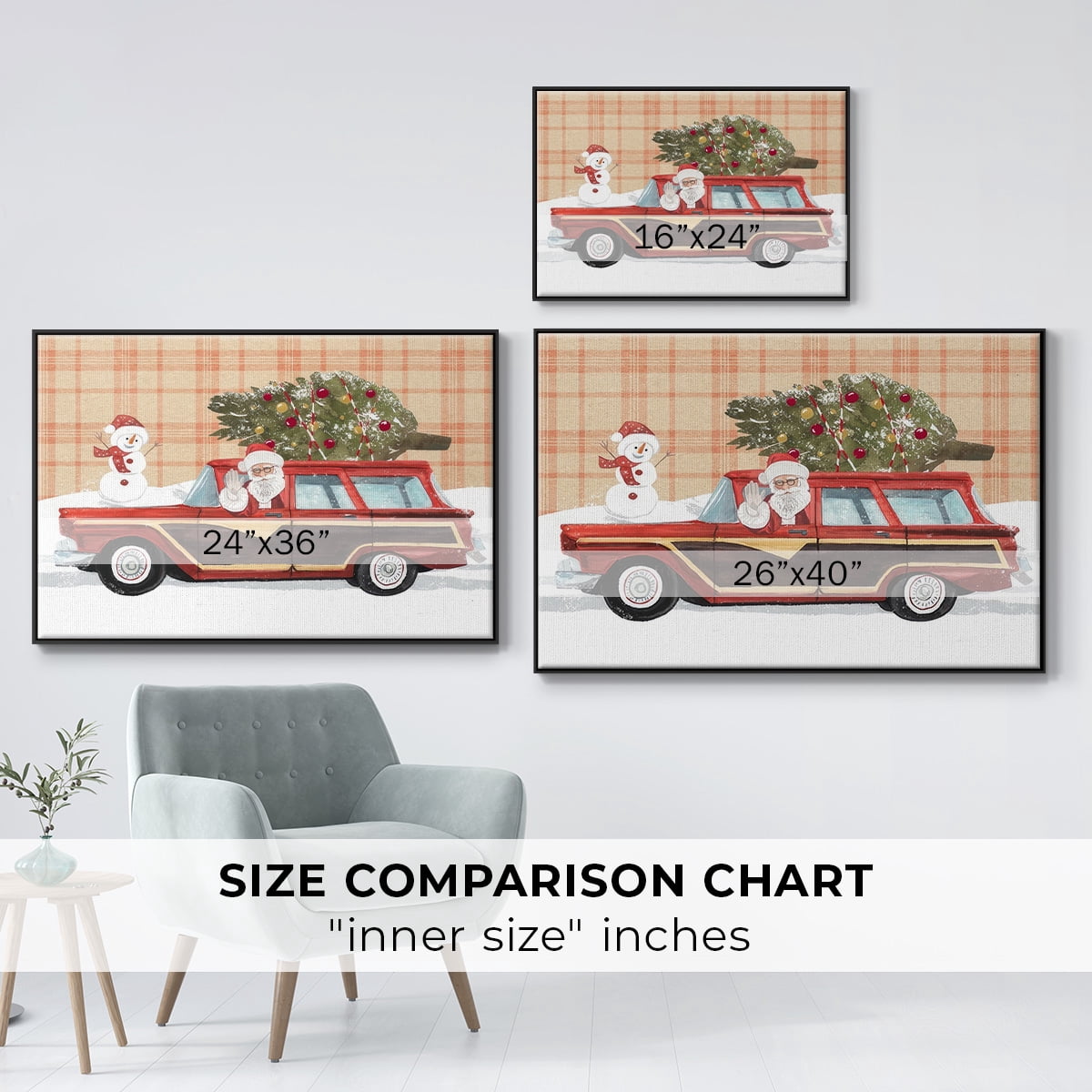 Santa on Wheels I - Framed Gallery Wrapped Holiday Canvas - 17 x 25 - Black Frame