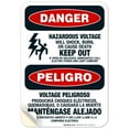 thumbnail image 1 of Hazardous Voltage Will Shock, burn Bilingual Sign, OSHA Danger Sign, 10x7 Vinyl Sticker, 1 of 1