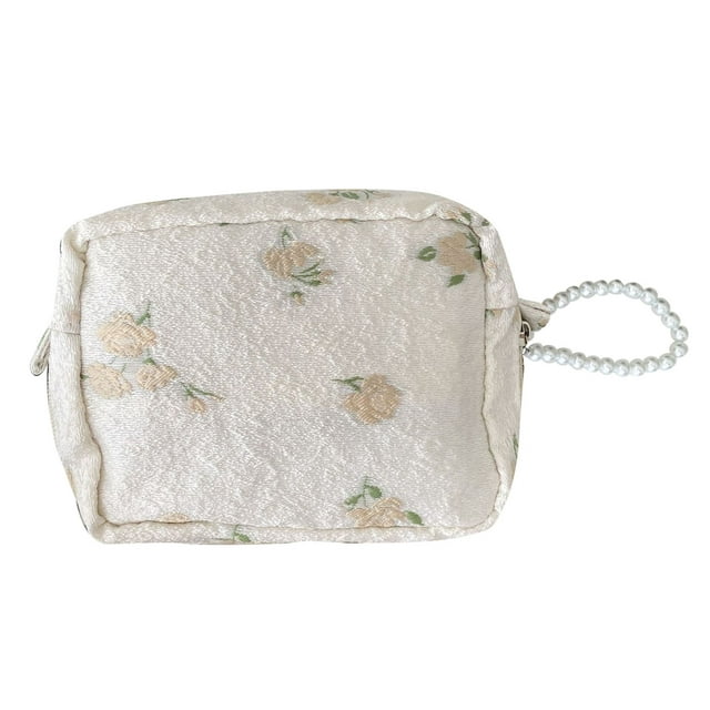 Bolsa de cosméticos con colgante de perla, bolsa de maquillaje portátil con cremallera, bolsa de maquillaje informal multifunción a la moda, color Beige, albaricoque Floral