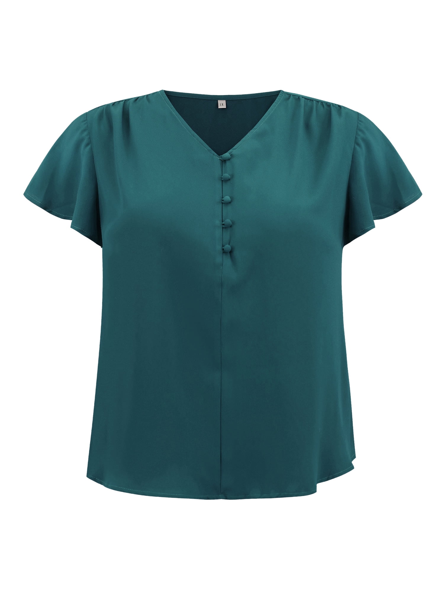 DARING DIVA Women's Plus Ruffle Sleeve V Neck Button Decor Blouse 4X Teal