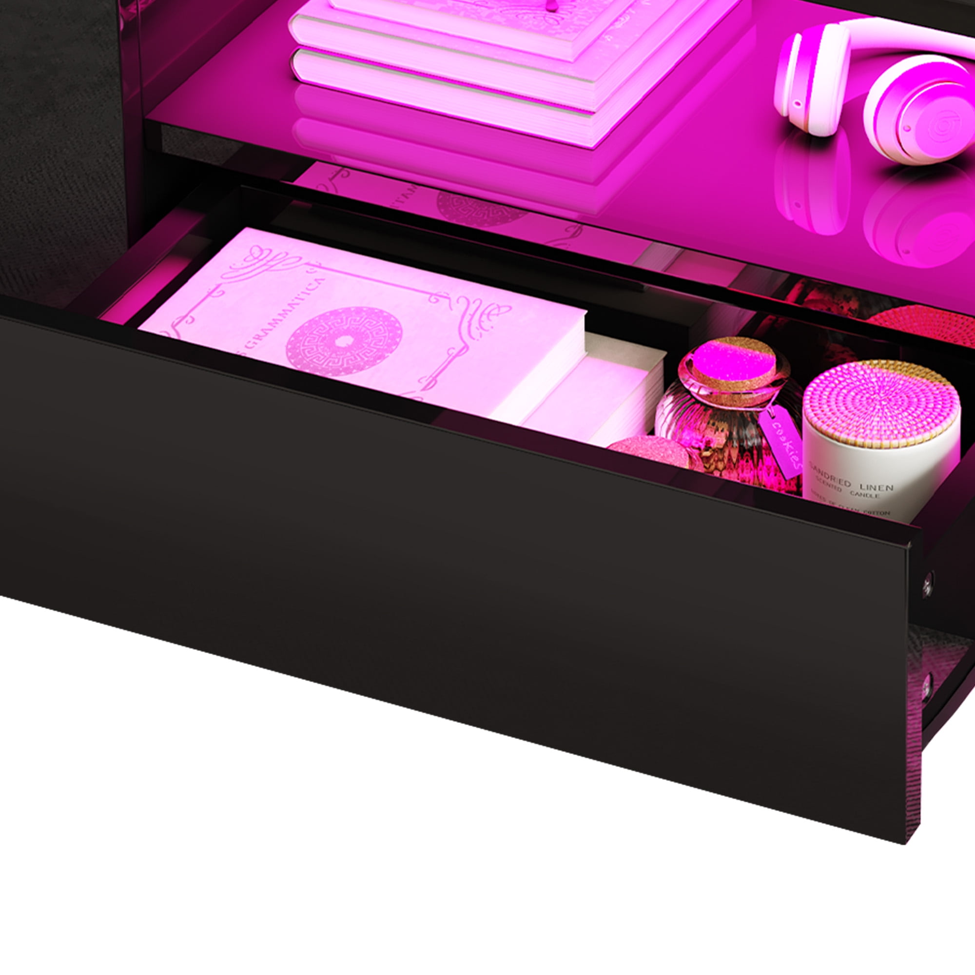 Uforic LED Coffee Tables High Glossy Center Table with 2 Sliding Drawers and Open Shelf, Black