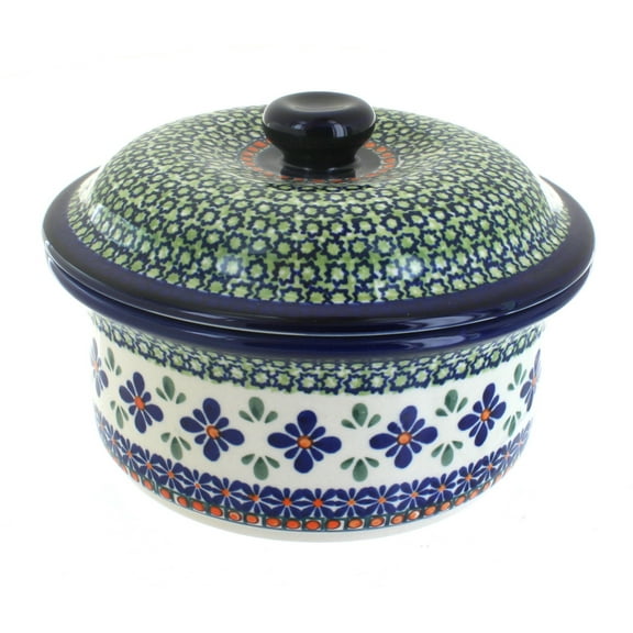 Blue Rose Polish Pottery Mosaic Flower Round Baker with Lid