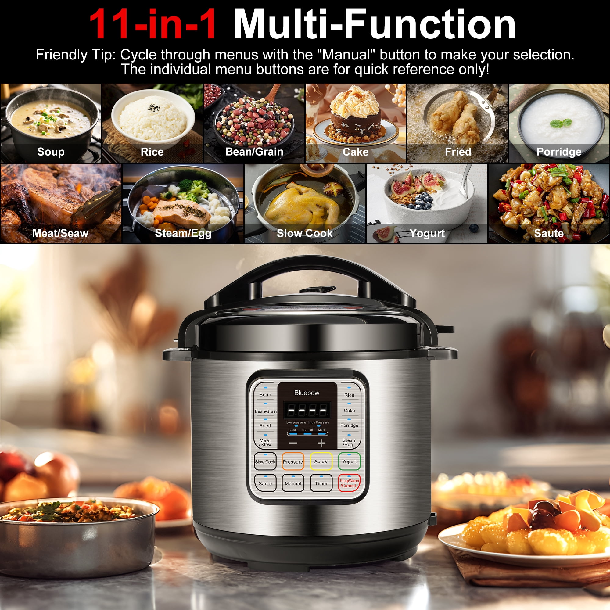 Bluebow 6.5 Quart Electric Pressure Cooker, 11-in-1 Multi Cooker Rice Cooker Slow Cooker Sauté Steamer, Stainless Steel