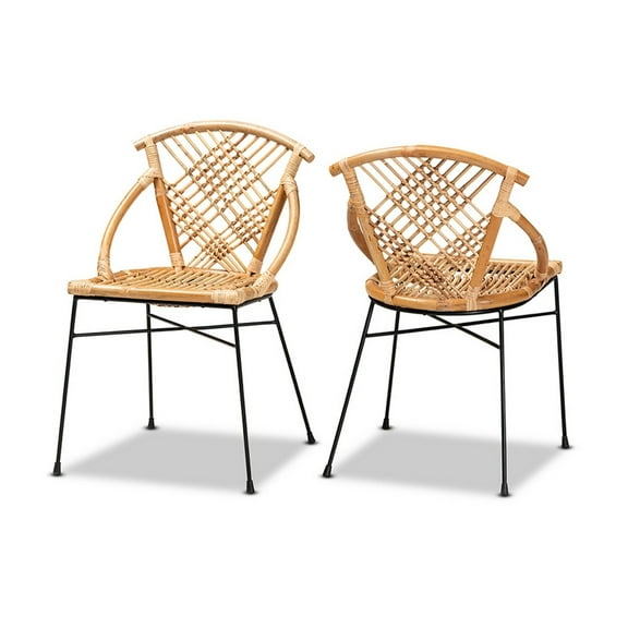 Baxton Studio Pro Modern Bohemian Natural Brown Rattan and Black Metal 2-Piece Dining Chair Set