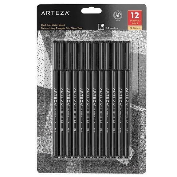 Arteza Fineliner Pens, Inkonic, Fine Line, Black - 12 Pack