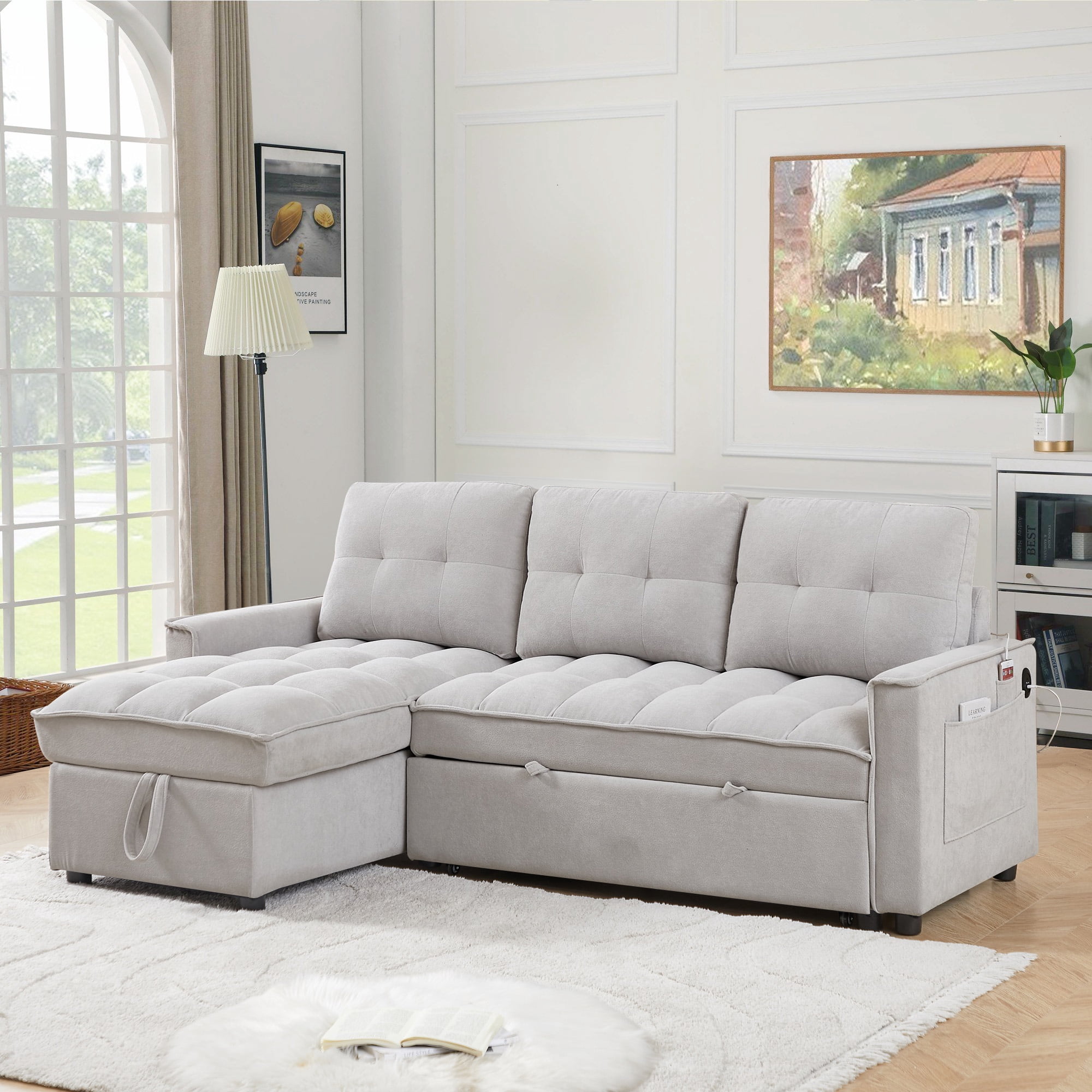 Lunale Convertible Sofa Bed with Reversible Storage Chaise, Sleeper Sectional Sofa with USB Charging Ports, L-Shaped Sectional Sofa for Apartment, Light Gray Chenille