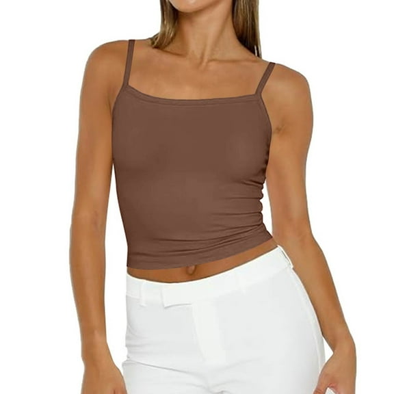 Tianiyouqing Comfy Tank Tops for Women 2025 Party Cami Shirts Summer Undershirts Sleeveless Adjustable Spaghetti Strap Racerback Double Lined Layered Square Neck Basic Light Brown S