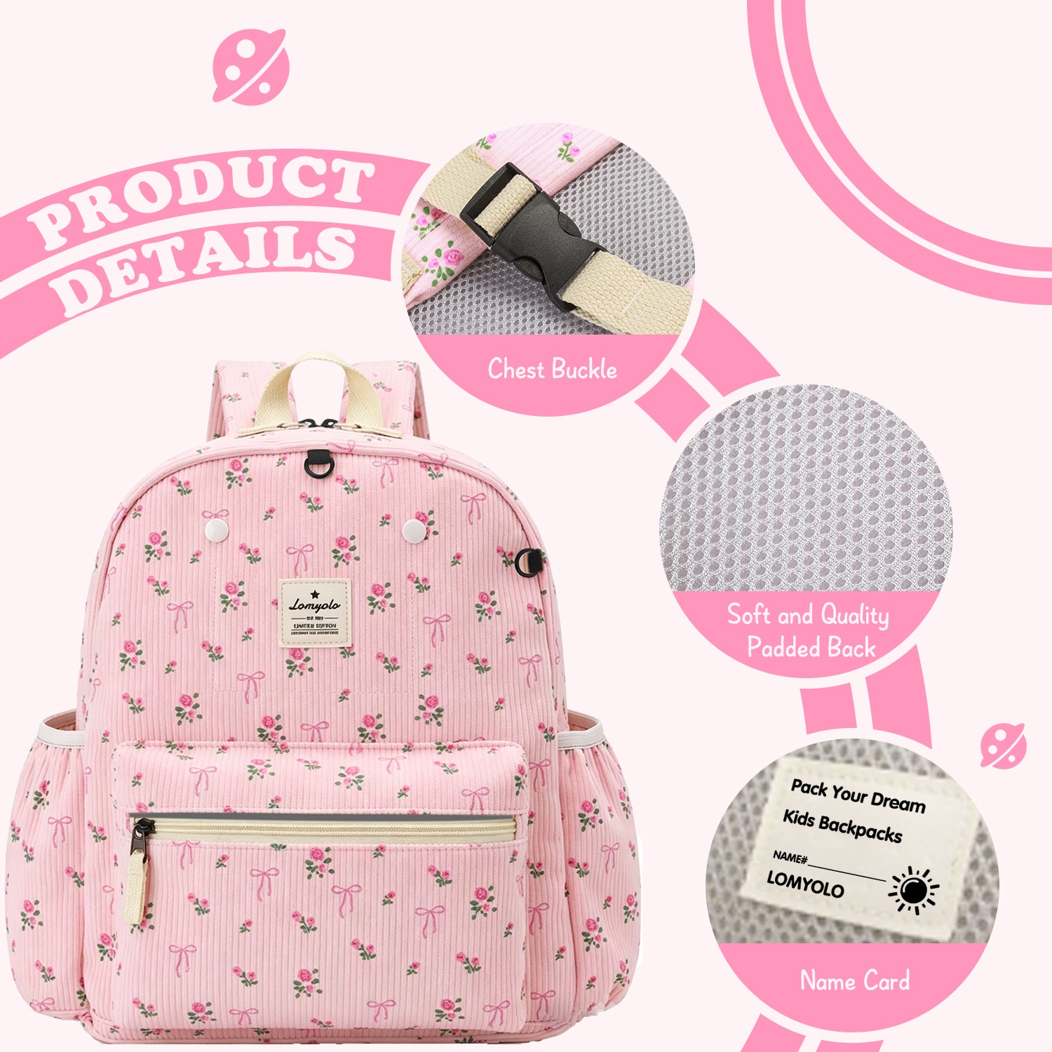 Mochila para niños pequeños de 2 a 5 años, para preescolar, con tira reflectante y anillos en D, ligera, perfecta de pana, regreso a clases, para carpeta de 13.5" 5