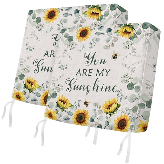Outdoor Patio Cushion Covers 2 Pack Sunflower Sunshine Chair Pads Slipcovers with Ties & Zipper Waterproof Bee Floral Eucalyptus Leaves Linen Seat Cushion Covers for Outdoor Couch Sofa 20x18 Inch