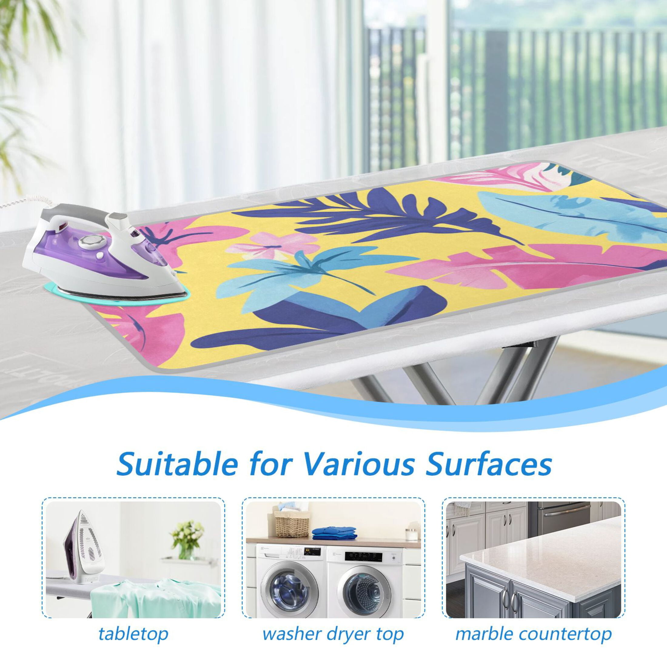 Yellow Background Pinkish Flowers Leaves Ironing Mat Blanket Portable Travel Ironing Pad Heat Resistant Pad 47.2" x 27.6”