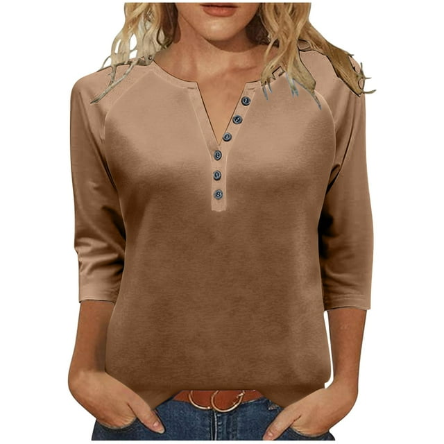 Lmnyox Hauts Décontractés à Manches 3/4 pour Femmes, Mode Unie, Col Rond, Chemises à Boutons, Blouses Habillées pour le Travail