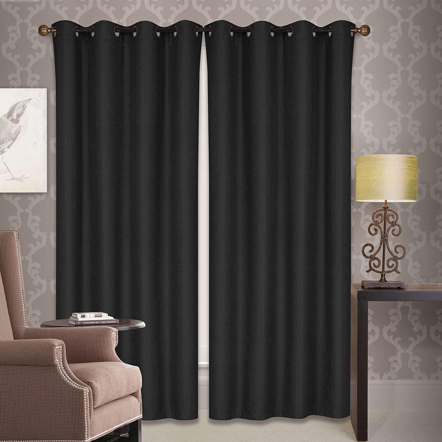 Wpm'S 2 Piece Jacquard Blackout Panel Set 8 Grommets 96" Black