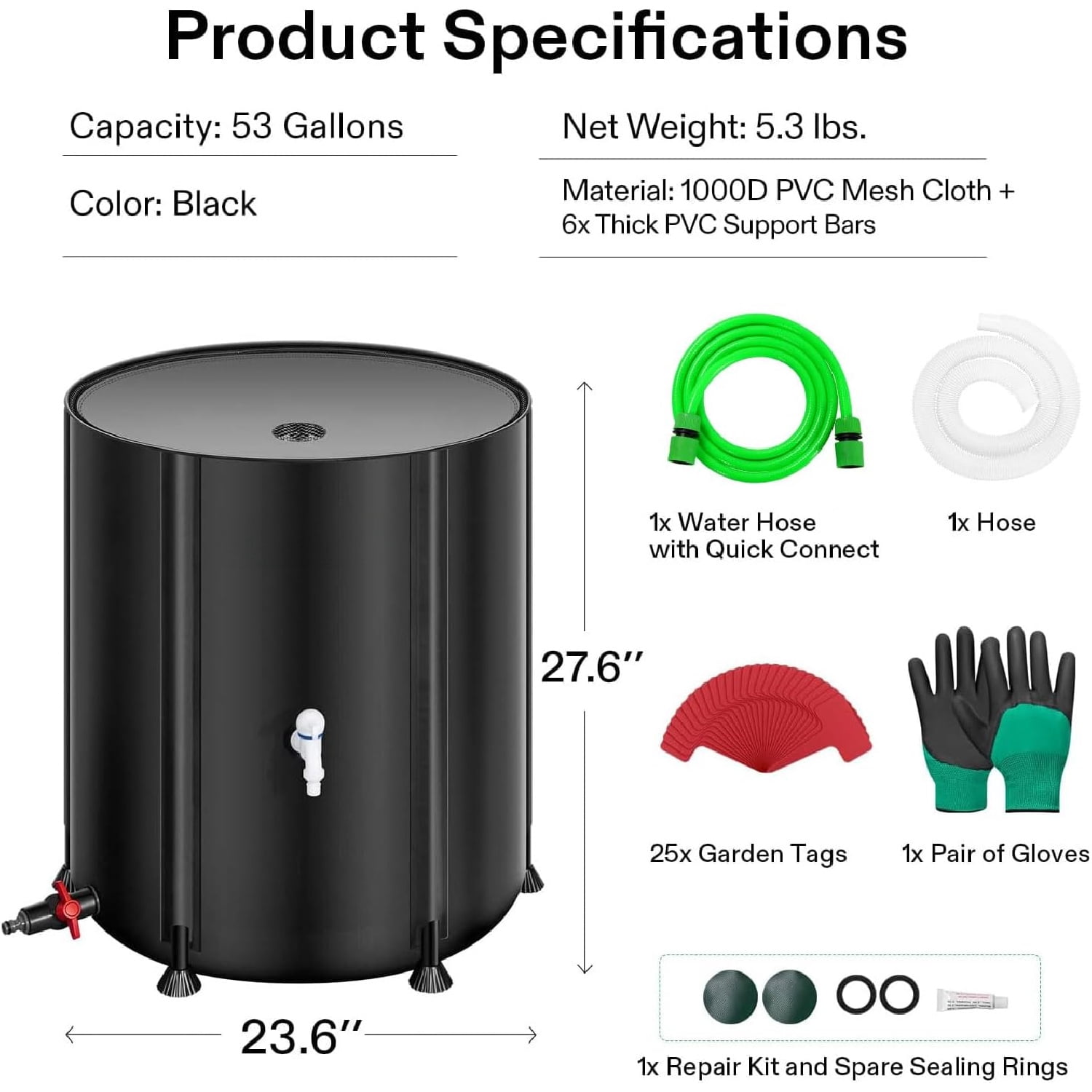 Collapsible Rain Barrel, 53 Gallon with 1000D Oxford Cloth, Portable Rain Collection System, Water Barrel Collector w/Filter Spigot