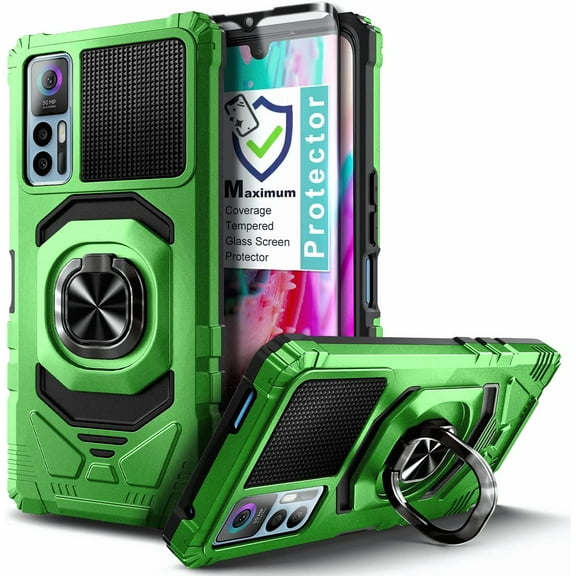 Nagebee Phone Case Compatible for TCL 30 5G with Tempered Glass Screen Protector (Full Coverage), Full-Body Protective [Military-Grade], Magnetic Car Mount Ring Holder Heavy-Duty Case (Green)