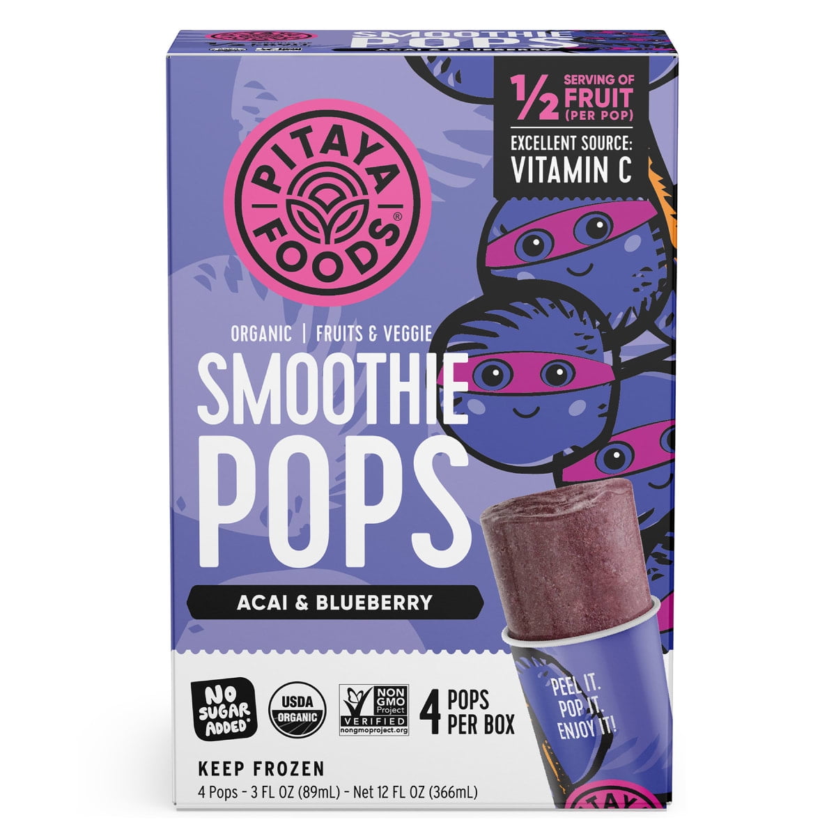 (3 pack) Pitaya Foods Acai & Blueberry Frozen Smoothie Pops, 3 fl oz, 4 Count