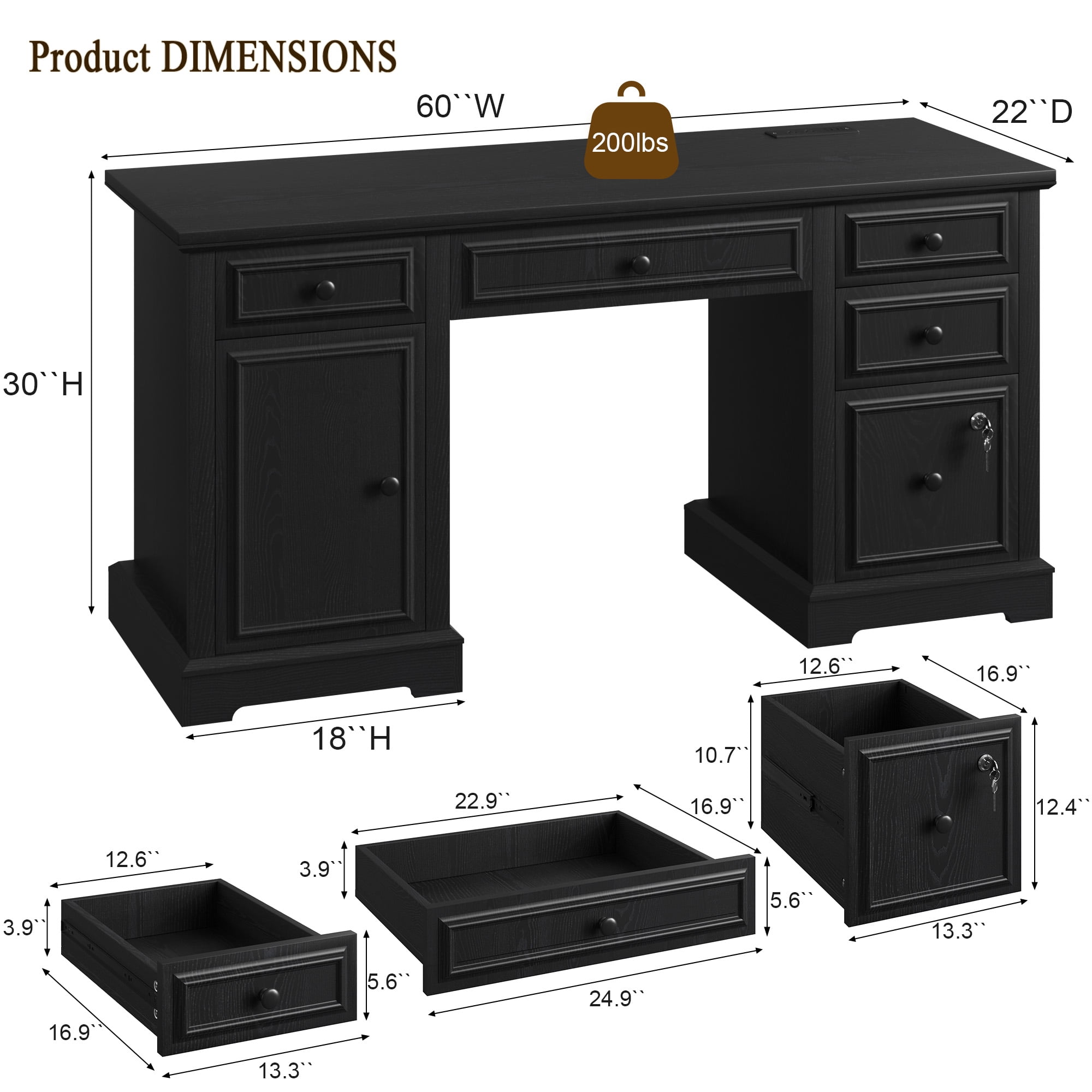 60" Farmhouse Executive Desk with File Drawer, Storage Cabinet, Wood Home Office Desk , Rustic Computer Writing Desk for Home, Study, Work, Writing