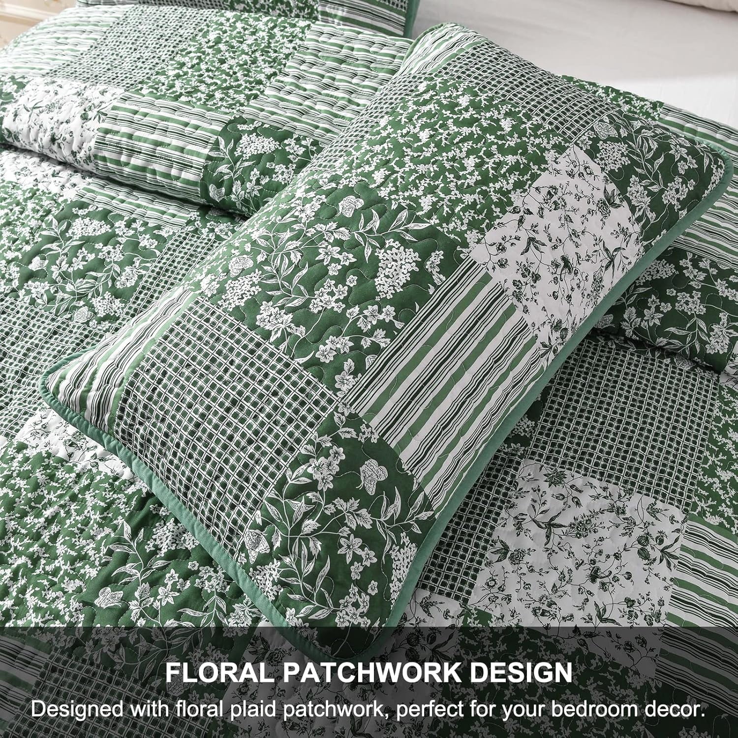 Sage Green Boho Queen Size Bedspread Coverlet Set Patchwork Quilt Set Soft Plaid Floral Bedding Set