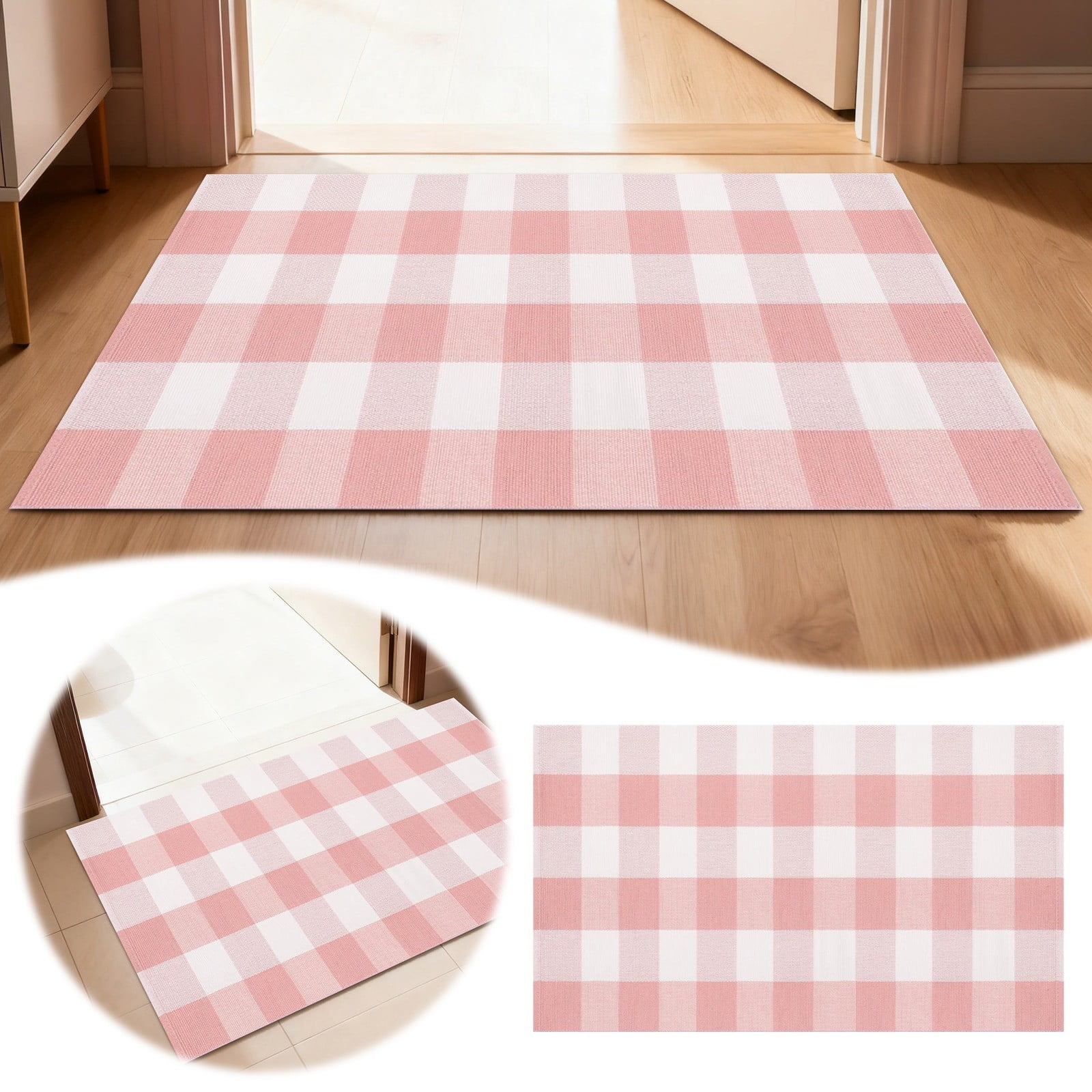 Buffalo Plaid Rug 130X60cm Pink and White Checked Rug Washable Doormats Indoor Outdoor Rugs for Layered Front Door Mats, Porch, Kitchen, Farmhouse, Entryway